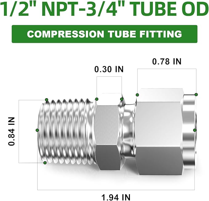 TAISHER 1PCS 304 Stainless Steel Compression Tube Pipe Fitting Connector, 3/4" Tube OD x 1/2" NPT Male Straight Adapter