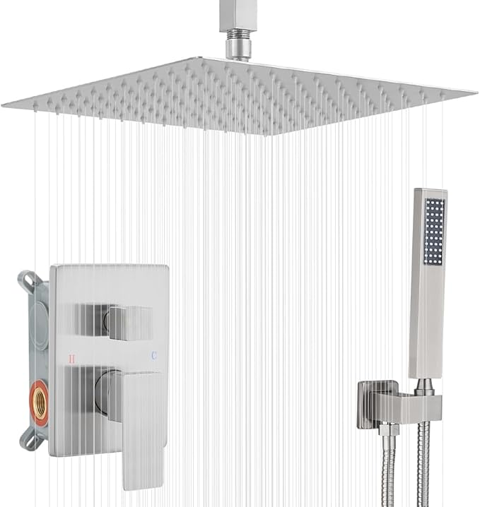 16 Inch Ceiling Mount Brushed Nickel Shower System Bathroom Luxury Rain Mixer Shower Combo Set Ceiling Rainfall Shower Head System (Contain Shower Faucet Rough-in Valve Body and Trim Kit)
