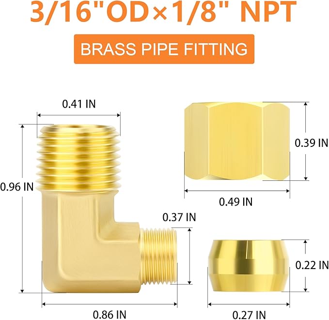 GASHER 10PCS Brass 90 Degree Elbow Compression Tube Pipe Fitting Connector, 3/16" Tube OD x 1/8" NPT Male Connector