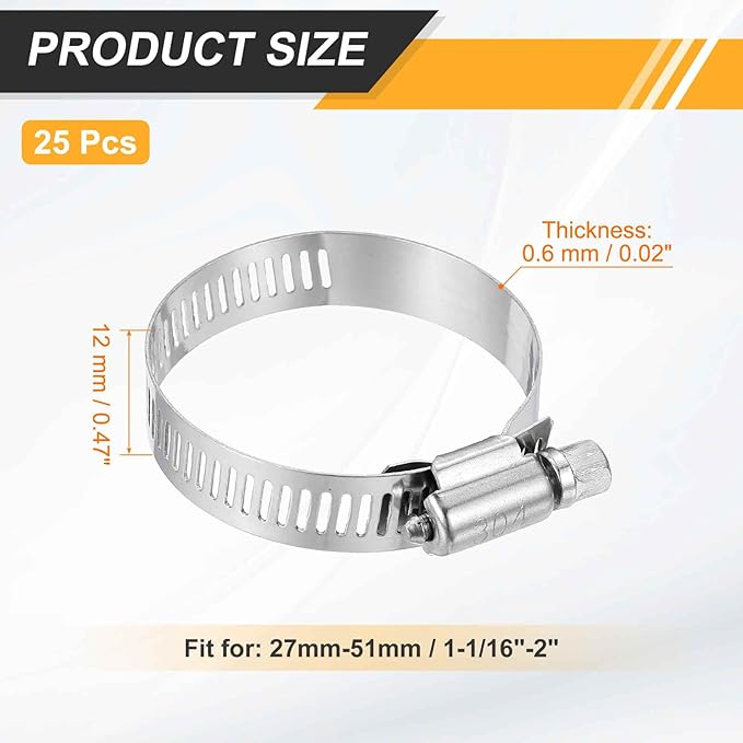 HARFINGTON 25 Pcs Hose Clamp 1-1/16"-2" (27-51mm) 304 Stainless Steel Adjustable Worm Gear Hose Clamp with Phillips Screw Assortment Kit for Fuel Line Pipe Plumbing Automotive Tube