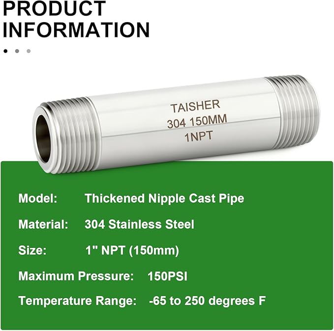 TAISHER 2PCS Stainless Steel Pipe Fittings, 1" NPT Male x 1" NPT Male Threaded, 6" Length Thickened Nipple Cast Pipe