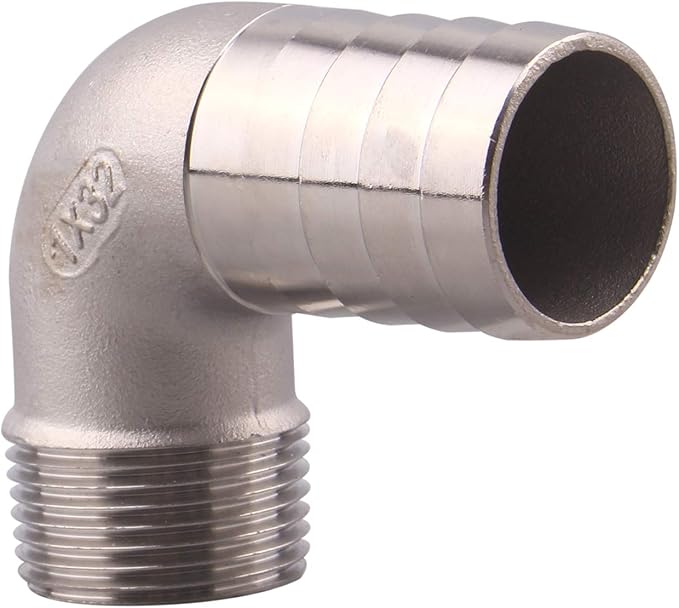 DERNORD 1 1/4" Hose Barb x 1" Male NPT Stainless Steel 90 Degree Elbow- Home Brew Pipe Fitting