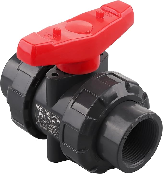 DERNORD PVC True Union Ball Valve NPT Threaded with Full Port, EPDM O-Rings, and Reversible PTFE Seats, Rated at 200 PSI (1.25 Inch NPT Threaded)