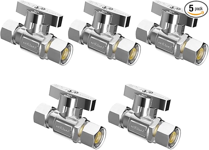 WiseWater 3/8" Compression Straight Stop Valve, 1/4 Turn Toilet Shut Off Valve for Bathroom & Kitchen Water Supply Lines (5-Pack)