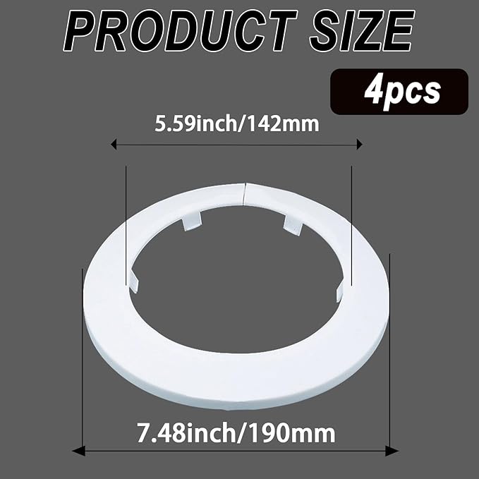 142mm Pipe Cover Decoration; Fit 5.59" Outer Diameter Pipe/Hole; White PP Plastic Escutcheon Collar; Snap-on Water Escutcheon Plate for Bathroom Kitchen Wall Tube Decor 4 Pcs