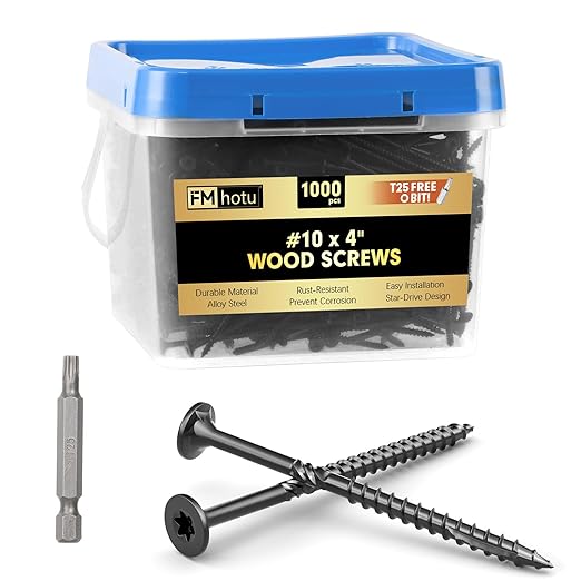 #10 x 4” Deck Screws, 1000Pcs Star Drive Wood Screws, Rust Resistant Timber Screws for Timber/Log/Landscaping Wood, T25 Star Bit Included, Black