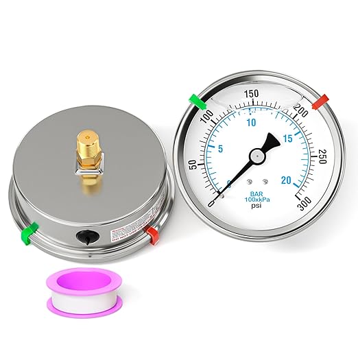 0-300PSI Stainless Steel Liquid Filled Pressure Gauge, 4" Dial Size, 1/4" NPT Back Mount, for Tube, Water Pump, Gas, Liquid, Pressure Test (with Range Mark Pointer)