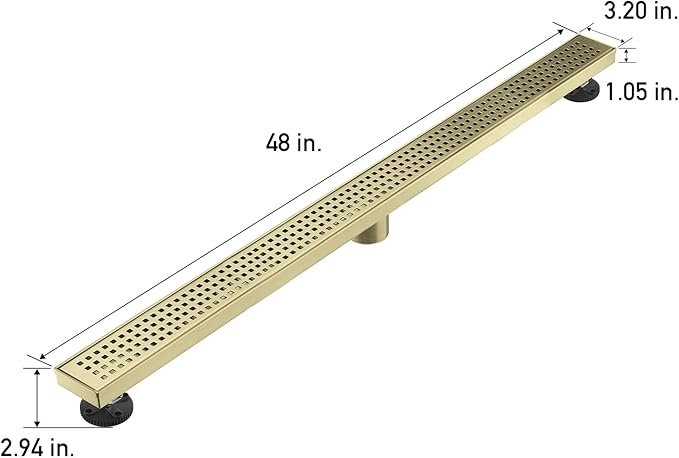 Linear Shower Floor Drain, Brushed Gold 48 Inch 304 Stainless Steel Bathroom Drains Kit, Long Rectangular Shower Trench Drain with Square Pattern Drain Cover & Hair Catcher
