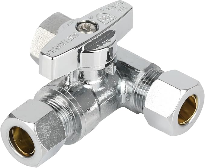 (Pack of 1) EFIELD 1/4-Turn Stop Tee Compression Stop Valve, 3/8" OD x 1/4" OD, Chrome Plated Brass, UPC Certified,(VALVE462)