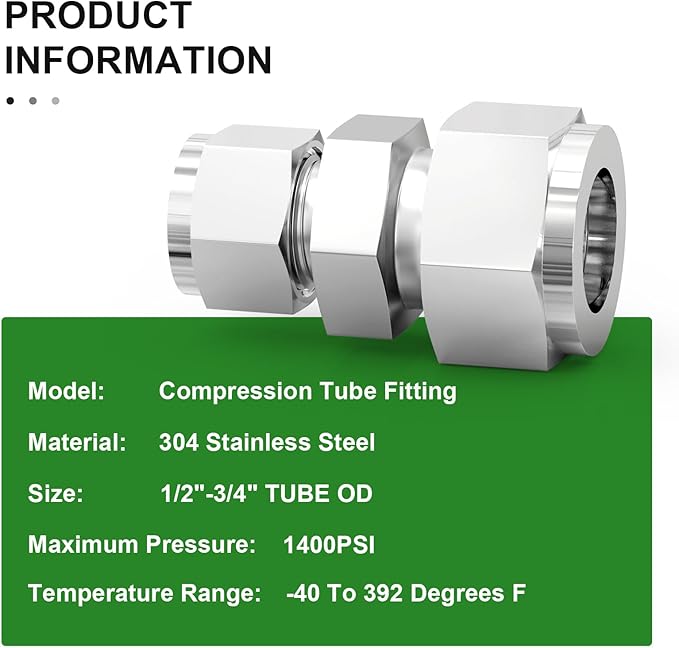 TAISHER 1PCS 304 Stainless Steel Compression Tube Pipe Fitting Connector, 3/4" Tube OD x 1/2" Tube OD Straight Adapter
