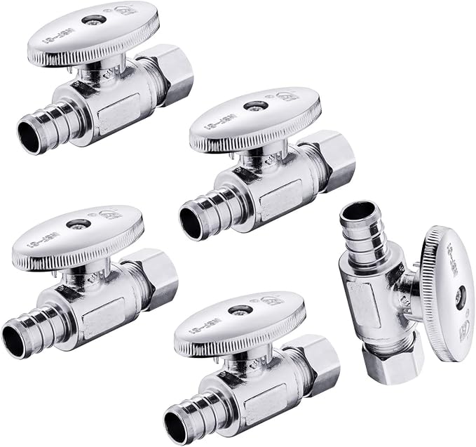 Straight Stop Valve,1/2 Inch Pex X 3/8 Inch OD Compression Straight Shut-off Valve with 1/4 Turn on/off (Pack of 5,ASTM F1807)(VALVE085-5Pack)