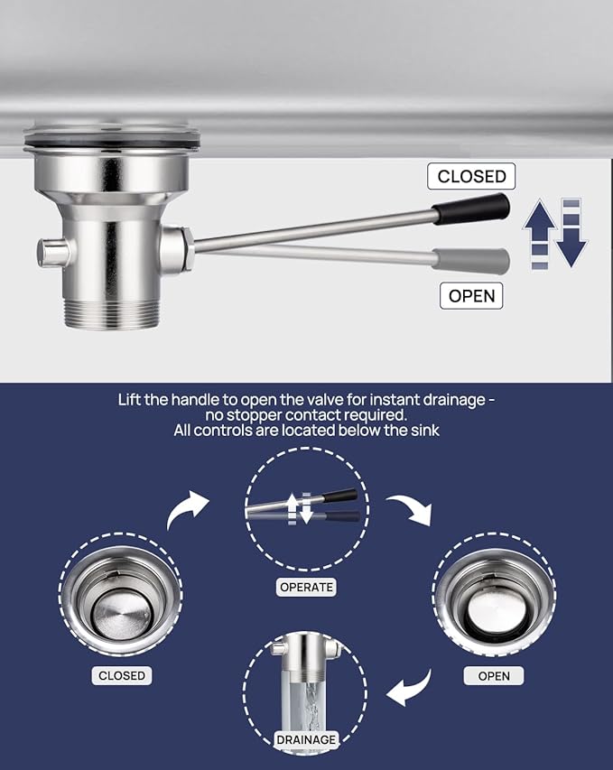 3-1/2" Commercial Sink Drain with Straight Lever Handle, Waste Drain Valve Without Overflow Inlet for Restaurant 2/3 Compartment Sink, Easy Controll, Block-Free and Leakproof
