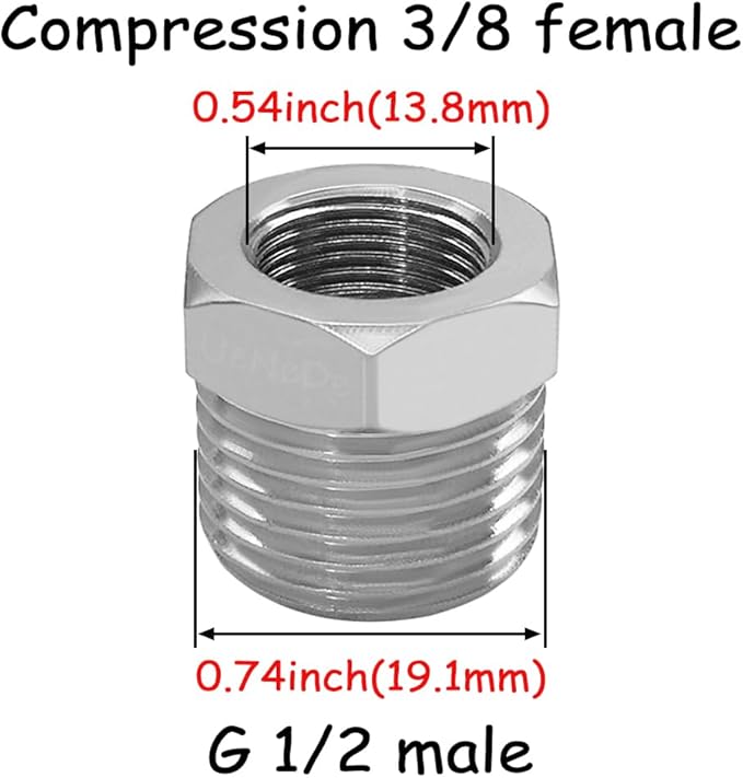 3PCS Water Line Adapter, 1/2" Male to 3/8" Female Reducer Bushing, Brass Nickel Plating Compression Fitting for Kitchen Bathroom Faucet Supply Line Hose Stop Valve Connector with Rubber Washer