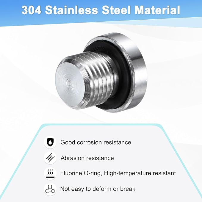 4-Pack Inner Hex Head Pipe Fitting Plug, 1/4 NPT 304 Stainless Steel Socket Bung Plug with Sealing Ring for Terminate Pipe Ends/Replacement Drains