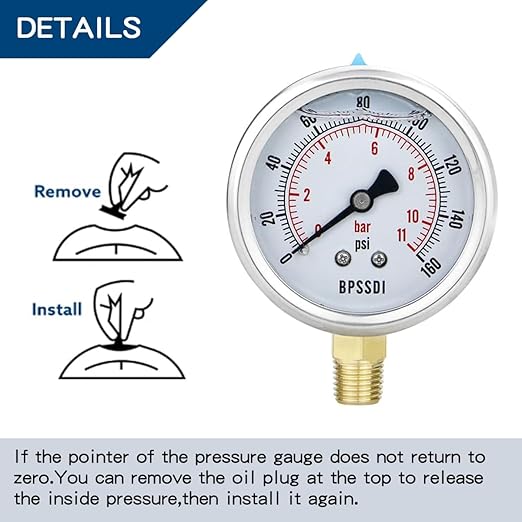 0-160 Psi Lead-Free Glycerin Liquid Filled Low Pressure Gauge, 2.5" Dial Size, 1/4" NPT Lower Mount, 304 Stainless Steel Case, for Water Pipe, HVAC, Water Oil Air Pressure Test