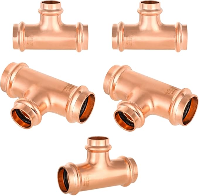 5-Pack GUOFIS Copper Press Tee,1" x 1" x 3/4" Tee Fittings for Copper Tube Connection with Stop(PRESS010)