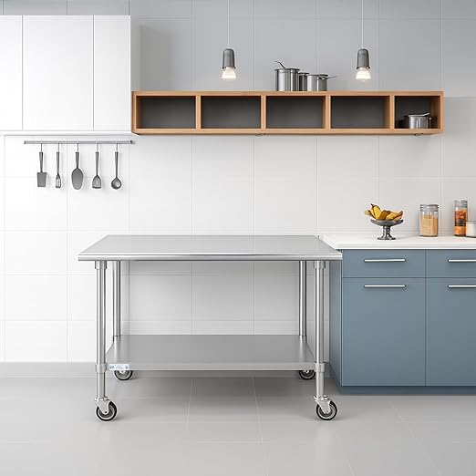 Hally Stainless Steel Table for Prep & Work 30 x 60 Inches with Caster Wheels, NSF Commercial Heavy Duty Table with Undershelf and Galvanized Legs for Restaurant, Home and Hotel