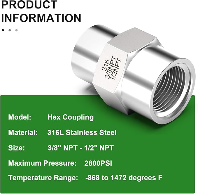 TAISHER 2PCS Forging of 316L Stainless Steel Pipe Fitting, Reducer Coupling, 1/2" NPT Female x 3/8" NPT Female, Reducing Pipe Adapter Fitting