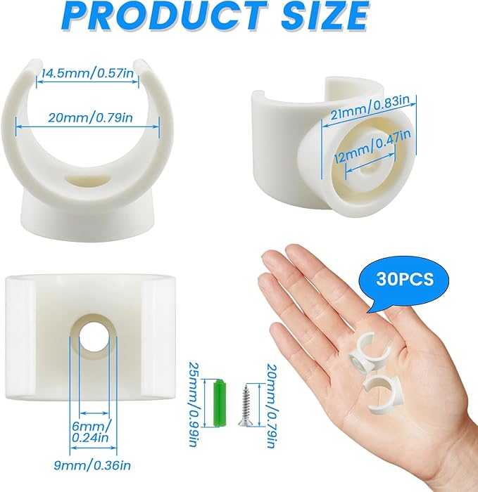 SDTC Tech 30 Pack 3/4 Inch PEX Pipe Clamp Clip, 20 mm U Hook PEX Tubing Clamps Hangers PVC Water Pipe Support Holder Bracket Socket, White Plastic Clips Hangers (Fasteners Included)