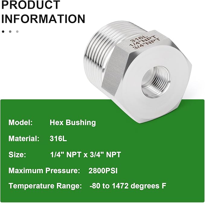 TAISHER 2PCS Forging of 316L Stainless Steel Reducer Hex Bushing, 3/4" Male NPT to 1/4" Female NPT, Reducing Forging Pipe Adapter Fitting