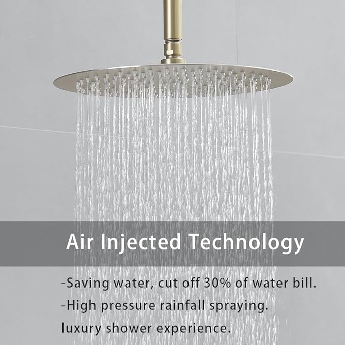 Brushed Gold Ceiling Mount Round Rain Shower System with 16 Inch Shower Head and Handheld Bathroom Shower Set Contain Shower Faucet Trim Kit (Mixer Valve Included)