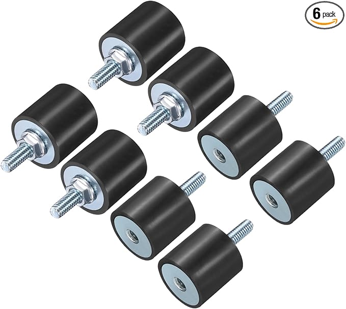 uxcell 6pcs M6x18mm Rubber Isolator Mounts with Studs 25x25mm Male Female Vibration Shock Absorber Zinc Plated Cylindrical Thread Mounts Anti Vibration Isolators with 6pcs M6 Lock Nuts