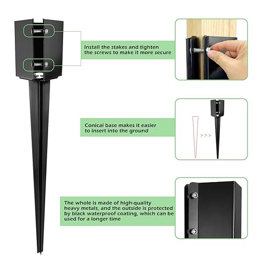 Fence Post Anchor 36 inch Ground Spike Heavy Duty Black Powder Coated Fence Stakes Post Base for Mailbox, 36 x 4 x 4 Inches Outer Diameter (Inner Diameter 3.6 x3.6 Inches), Pack of 4