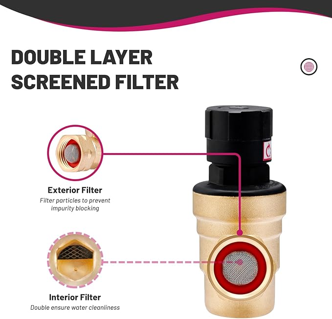 RV Water Pressure Regulator, Lead-Free Brass Adjustable Water Pressure Reducer Valve, with Gauge and Inlet Screen Filter, for RV Camper Travel Trailer