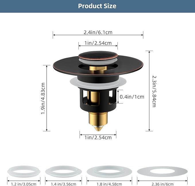 Hibbent All Metal Universal Bathroom Sink Stopper for 1.1''~2.3'' Basin, Pop Up Sink Drain Strainer, Brass Bullet Core Push Type Stopper, Stainless Steel Anti Clogging Drain Filter, Oil-Rubbed Bronze
