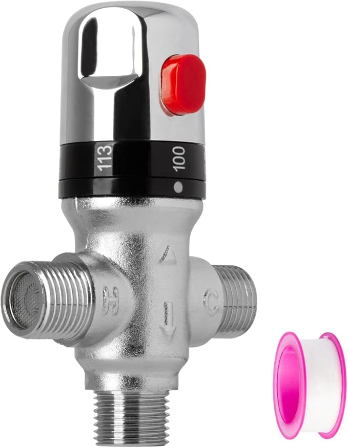 Thermostatic Mixing Valve with 3/4 NPT Thread, Temperature Control Bathroom Faucet Valve, Galvanized Brass, for Shower System