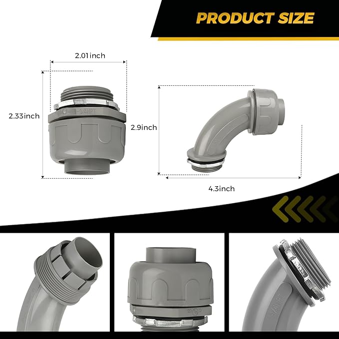 Conduit Connectors, 1-1/4 Inch Liquid Tight Connector NPT Non-Metallic for PVC Electrical Flexible Conduit Fittings, 15 Straight and 15 Angle 90 Degree, UL Listed, Grey (30-Pack)
