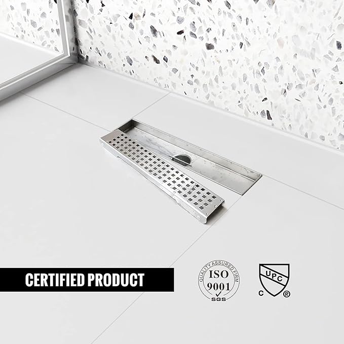 Linear Shower Drain, 12 inch Drain with Removable Grate Cover, Brushed 304 Stainless Steel Shower Floor Drain, Linear Drain with Hair Strainer and Adjustable Feet