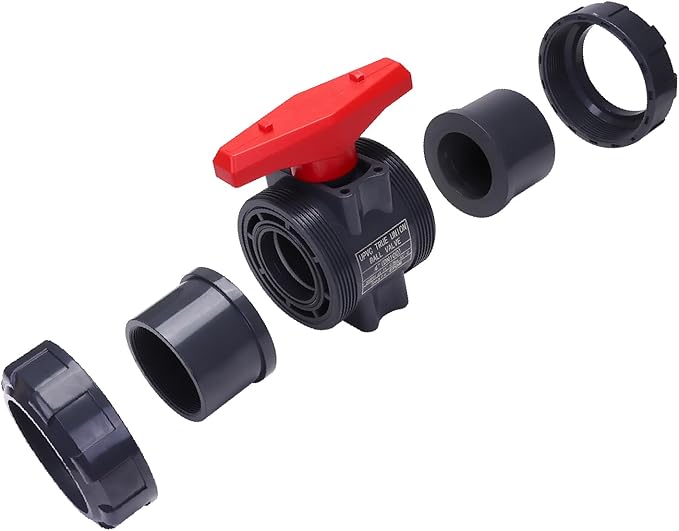 DERNORD PVC True Union Ball Valve NPT Threaded with Full Port, EPDM O-Rings, and Reversible PTFE Seats, Rated at 200 PSI (4 Inch NPT Threaded)