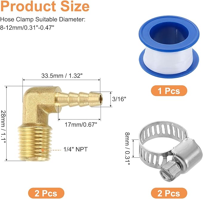uxcell 2Pcs Brass Hose Barb Fittings, 3/16" x 1/4" NPT 90 Degree Elbow Hose Connector with Hose Clamps for Water Fuel Gas Oil Transportation