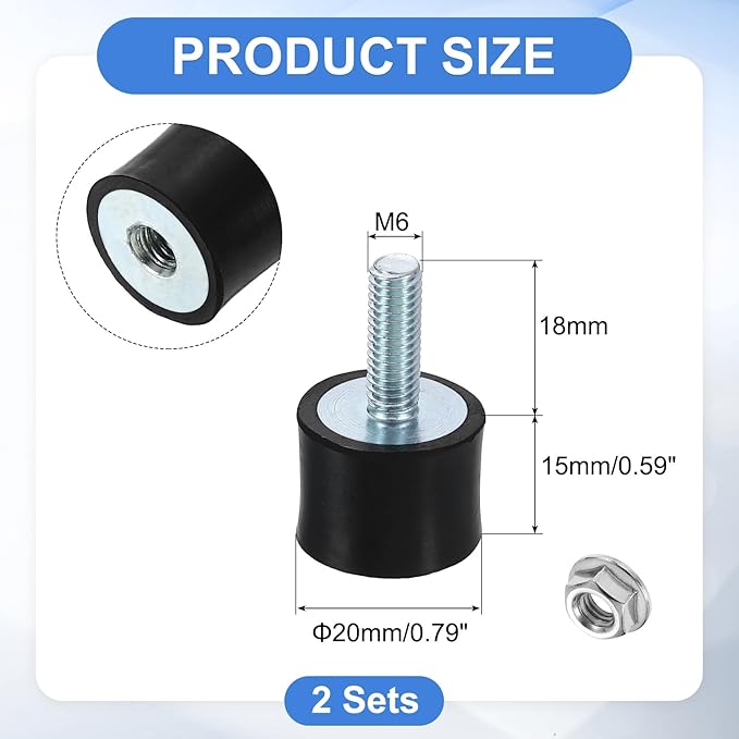 uxcell M6 Rubber Mounts, 2Pcs 20x15mm(DxH) Rubber Cylindrical Anti Vibration Isolator Shock Absorber with Lock Nut for Car Bobbin Generator Air Compressors