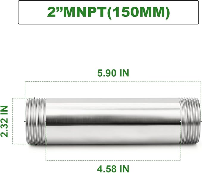 TAISHER 2PCS Stainless Steel Pipe Fittings, 2" NPT Male x 2" NPT Male Threaded, 6" Length Nipple Cast Pipe