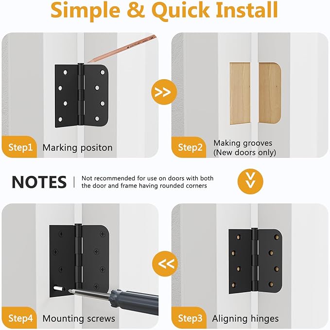 6 Pack Black Door Hinges 4 Inch, Exterior Door Hinges with Square & 5/8" Radius, Removable Pin, Perfect for Heavy-Duty Front & Back Door, Antirust & No Squeaks ﻿