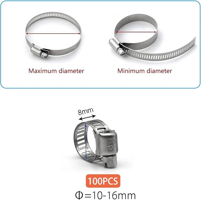 Hose Clamp, 100 Pack Stainless Steel Hose Clamps Worm Gear Fuel Line Pipe Clamps, 10-16mm (1/2 inch)