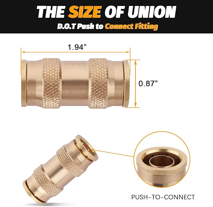 2 Pack 5/8" Air Brake Line Fitting, Push to Connect Union Fittings, DOT Brass Push in Fitting, Air Brake Union 5/8" Tube OD for Trucks Trailers and Industrial Use