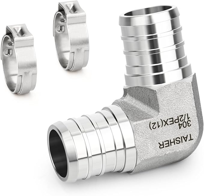TAISHER 1PCS 304 Stainless Steel 90 Degree Elbow Pex Fittings, 1/2" Pex Fitting With 2PCS Hose Clamp For Tubing Pipe