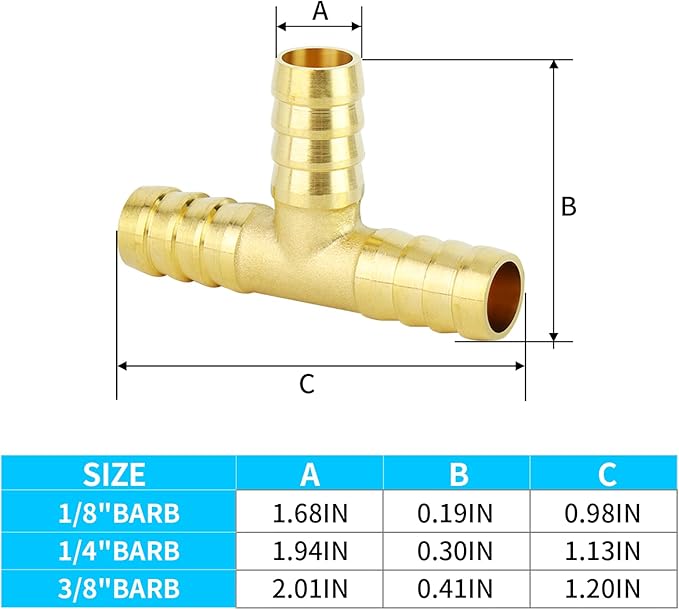 ChillWaves Brass Hose Barb Fittings, Tee 3 way Union Intersection/Splitter Fitting 5/8" Barb x 5/8" Barb x 5/8" Barb For Water/Fuel/Air(6-PACK)