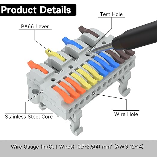 2Pcs Lever Wire Connectors, 4 in 12 Out, Push-in, Quick Wiring DIN Terminal Blocks, 0.7-2.5(4) mm², 600V 32A, 32Pcs Wire Ferrules Terminals & 5.51 Inch DIN Rail Included