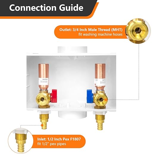 HeSun Washing Machine (Laundry) Outlet Box, 1/2 Inch Crimp Inlet x 3/4 Inch MHT Outlet, Pex Washer Box with Center Double Drain, with Copper Water Hammer Arrestor