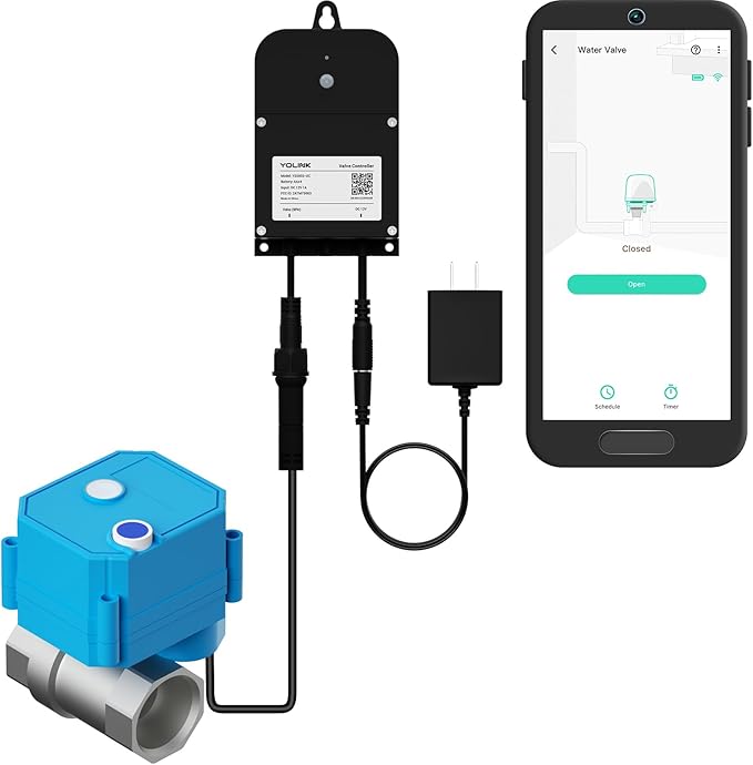 YoLink Wireless Smart Valve Control Kit, NSF Certified 1/2" Stainless Steel Motorized Valve, Wireless Controller 2, LoRa Long Range, D2D Offline with Leak Sensors, 2 Years Battery Backup
