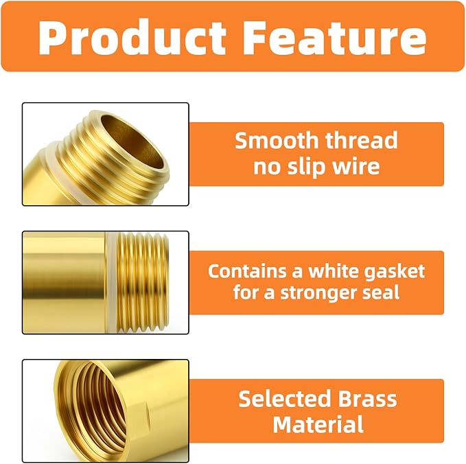GASHER 4Pcs Brass Pipe Plumbing Adapter with Rubber O-ring, 1/2" NPT Male x 1/2" NPT Female Pipe Fitting Coupler,Length 2 Inch