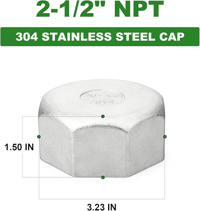 TAISHER 1PCS 304 Stainless Steel Cap Pipe Plug Socket Fitting 2-1/2" NPT Female