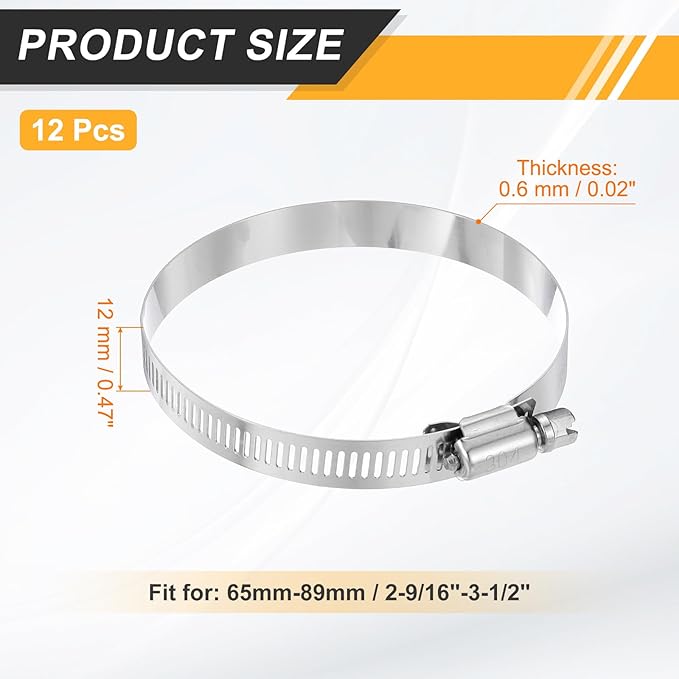 HARFINGTON 12 Pcs Hose Clamp 2-9/16"-3-1/2" (65-89mm) 304 Stainless Steel Adjustable Worm Gear Hose Clamp Assortment Kit for Fuel Line Pipe Plumbing Automotive Tube Mechanical