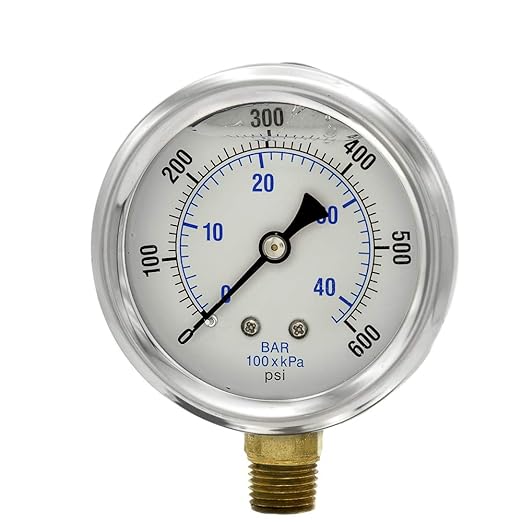 PIC Gauges PRO-201L-254K 0-600 PSI Pressure Gauge, 2 1/2" Dial, 1/4" Male NPT Connection, Bottom Mount, Dual Scale, Glycerin Filled, Stainless Steel Case/Bezel, Brass Internals & Plastic Lens