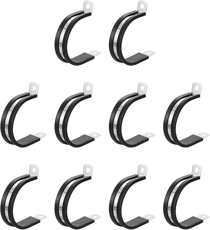 uxcell 1-5/8"(42mm) Cable Clamp, 304 Stainless Steel Rubber Cushioned Insulated Clamp R Shape Metal Clamp Tube Holder for Pipe Hose Wire Cord Installation 10Pcs