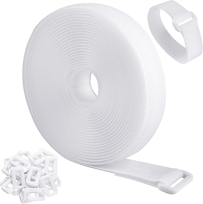 16Ft Adjustable Cable Straps with Buckles, Free Cut Length, White Reusable Fastening Cable Ties, Hook and Loop Securing Strap for Cable Tidy, Wire Management, Cord Organiser, 0.8In Wide